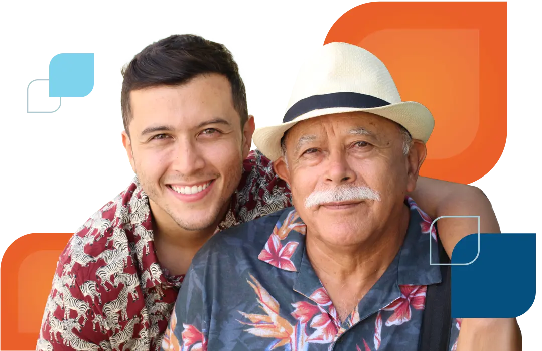 a younger man and an older man smiling at the camera