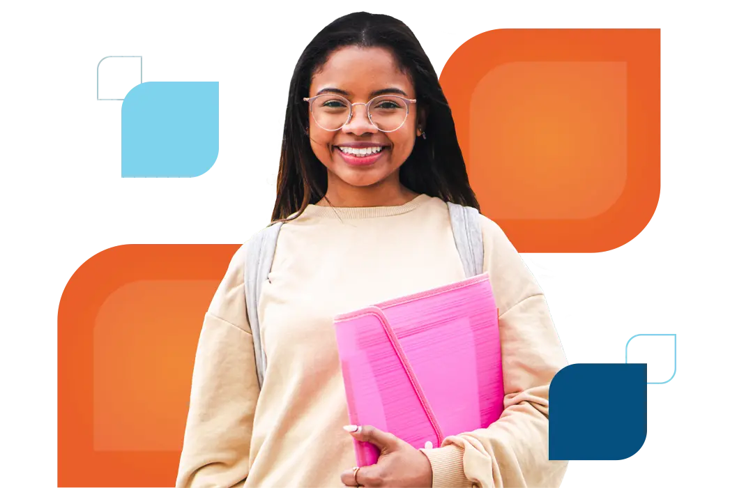 a girl with a folder smiling at the camera