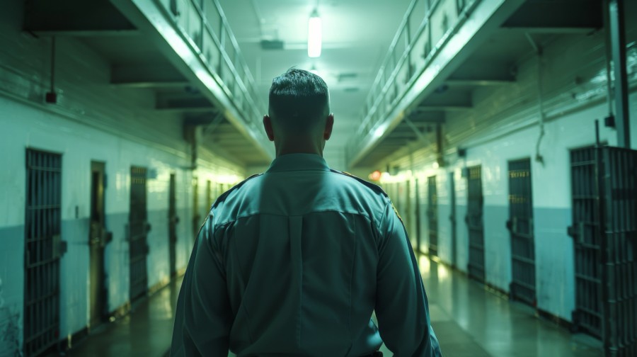 image of a corrections officer walking through a prison