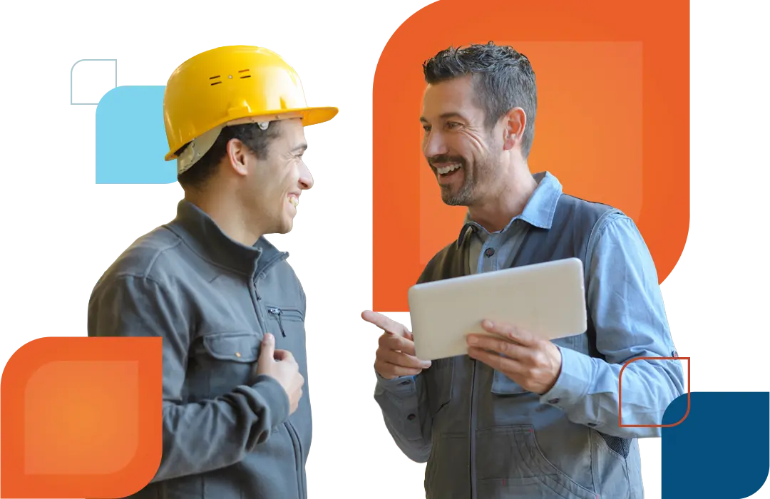 two construction workers talk to each other