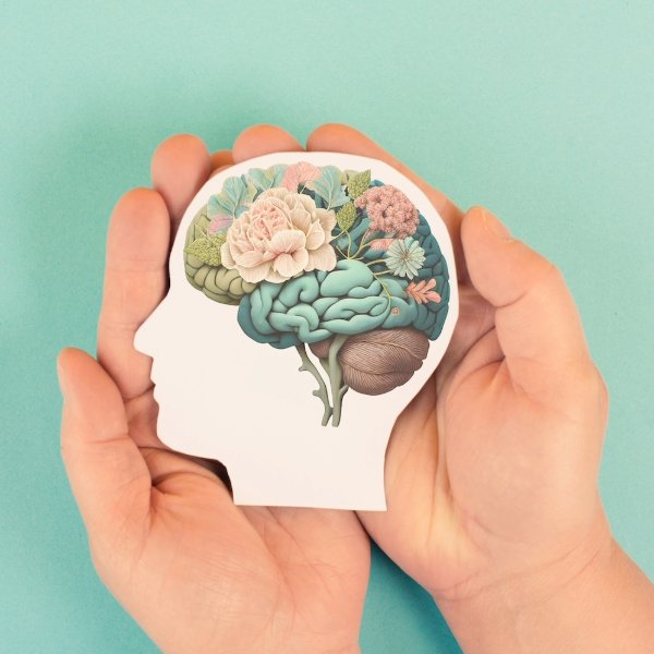 hands holding a head cutout with flowers in the shape of the brain