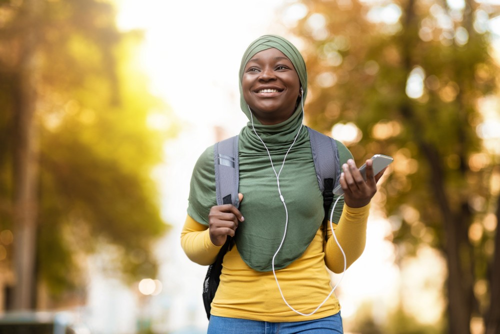 content woman smiling from empowering self-care